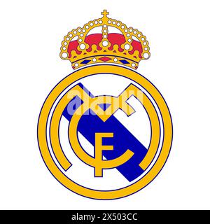 Real Madrid FC Emblem auf lebendigem Hintergrund. Legendärer Fußballverein, spanisches Erbe, legendäre weiße Farbe. Editorial Stock Vektor