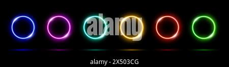 Abstrakte Kreise mit leuchtendem Neon auf schwarzem Hintergrund. Runde elektrische Rahmen mit farbiger LED. Geometrische Vektorabbildung. Leer blau, rosa, grün Stock Vektor