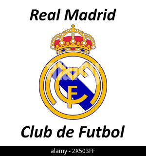 Real Madrid FC Emblem auf lebendigem Hintergrund. Legendärer Fußballverein, spanisches Erbe, legendäre weiße Farbe. Editorial Stock Vektor