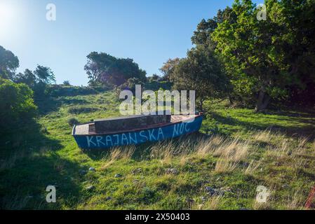 stara baska, kroatien, 29. april 2024, verlassenes Boot auf einer Wiese *** stara baska, kroatien, 29. april 2024, verlassenes Boot auf einer wiese Copyright: XW. Simlingerx Stockfoto