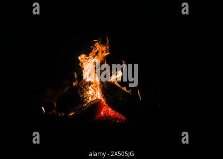 Eine Lagerfeuer-Nahaufnahme, die dicke Holzscheite verbrannt hat Stockfoto