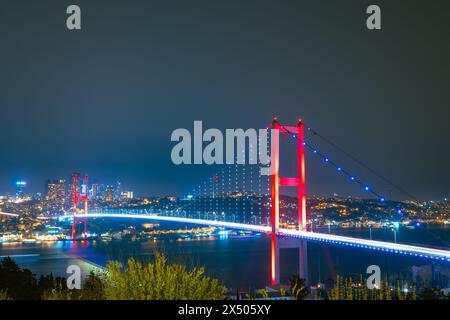 Blick auf Istanbul bei Nacht. Bosporus-Brücke oder Märtyrerbrücke vom 15. juli. Wirtschaft der Türkei Konzept Hintergrund. Stockfoto