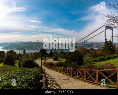 Blick auf Istanbul von Otagtepe. Fatih Sultan Mehmet Brücke mit Stadtbild von Istanbul. Stockfoto