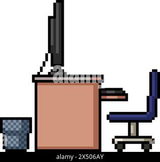 Pixel Art der Büroschreibtisch-Einrichtung isolierter Hintergrund Stock Vektor