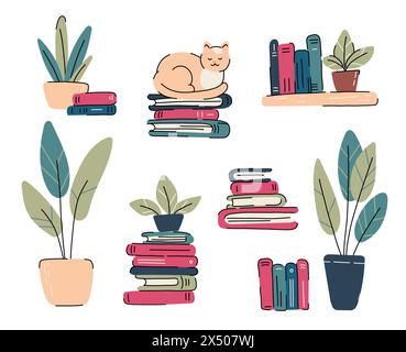 Bücher setzen Symbole in flachem Zeichentrickdesign. Stapel von Büchern zum Lesen, Stapel von Lehrbüchern für den Unterricht, Katze von Büchern. Vektorabbildung Stock Vektor