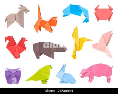 Papier-Origami-Tiere und -Vögel. Gefaltete farbige Blätter, dekorative Formen der Fauna, niedrige polygonale Spielzeuge einfaches Design, japanisches Hobby und Kunst, Schwein, Katze Stock Vektor