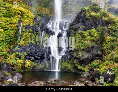 Der Wasserfall Poc do Bacalhau auf der Insel Flores auf den Azoren. Grüne Hügel und Felder. Sonniges Wetter. Stockfoto