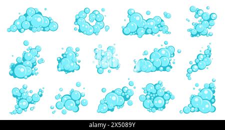 Cartoon flache blaue Seifenschaumblasen. Badeshampoo, Duschgel, Schaumparteielemente, verschiedene Blasenkompositionen. Seifiger, sauberer Schaum isoliert Stock Vektor