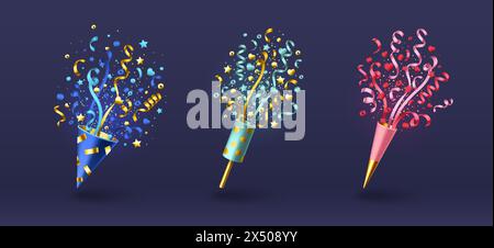 Geburtstag, Neujahr und Weihnachtsfeier Popper mit fliegenden Konfetti. Realistische 3D-Vektor-Illustration Set von Kegel und Zylinder Feuer Cracker mit Band, Stern und Herz Streamer. Überraschende Serpentine. Stock Vektor