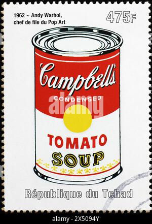 Campbells Tomatensuppe von Andy Warhol auf Briefmarke Stockfoto