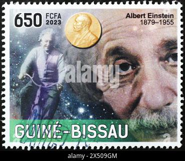 Nobelpreis Einstein fährt mit dem Fahrrad auf Briefmarken Stockfoto