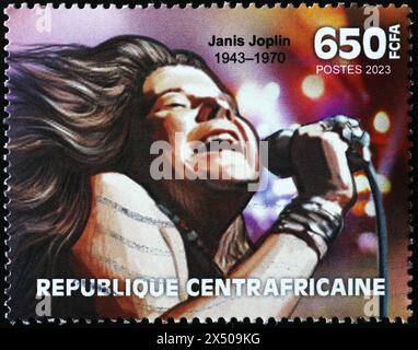 Popstar Janis Joplin im Konzert auf afrikanischer Briefmarke Stockfoto