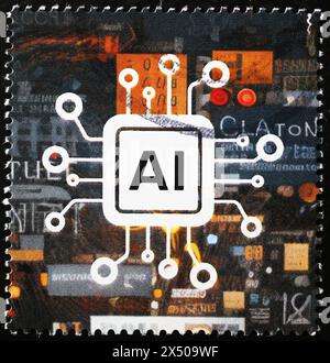 Künstliche Intelligenz interpretiert mit einer Illustration auf Briefmarken Stockfoto