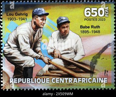 Babe Rith und Lou Gehrig auf afrikanischem Stempel Stockfoto