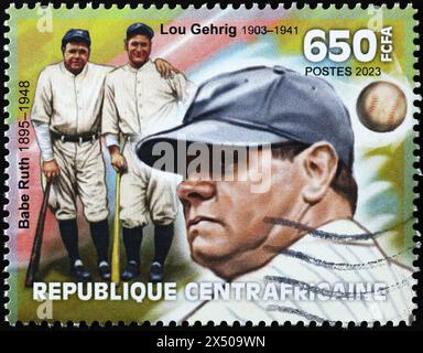 Babe Ruth und Lou Gehrig zusammen auf afrikanischer Briefmarke Stockfoto