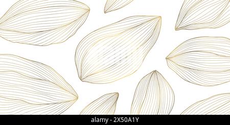 Vektorsatz abstrakter Linien mit organischen Formen. Blätter, Knospen, Nüsse, Blumenmuster, Boho-Ornament. Goldener auf weißem asiatischem Hintergrund Stock Vektor