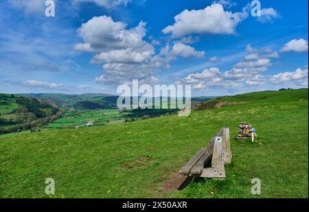 Offa's Dyle auf Panpunton Hill mit Blick auf das Teme Valley bei Knighton, Powys, Wales (aber auf der Shropshire-Seite der Grenze) Stockfoto