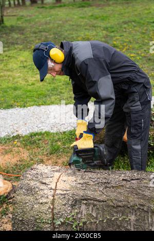 Ein Mann in Uniform schneidet einen alten Baum im Hof mit einer elektrischen Säge Stockfoto