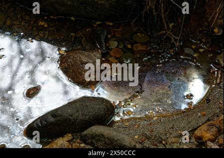 Ein öliger Film auf dem Wasser, der auch die Steine bedeckt hat Stockfoto