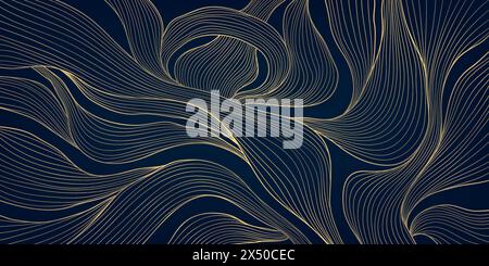 Vektor-lineares goldenes Blatt-Art-Deco-Muster. Goldene Linie elegante wellige Textur, botanische Illustration im japanischen Stil. Luxuriöse Textur mit Blumenpflanzen Stock Vektor