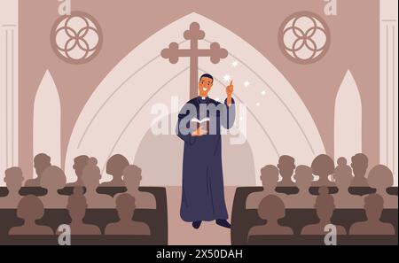 Predigt im katholischen Dom. Cartoon-Leute in der Kirche. Die Gemeinde hört auf die Rede der Priester. Spiritualität und glaube. Gottesdienst. Christliches Klergyma Stock Vektor