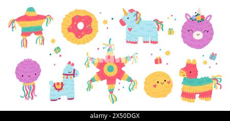 Mexikanische Pinatas im Urlaub. Kinder Geburtstagsparty bunte Accessoires. Papierbehälter mit Süßigkeiten oder Konfetti. Niedliche Tierformen. Karnevalsspielzeug. Streifen Stock Vektor
