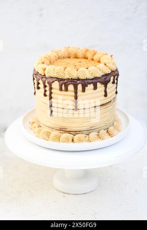 Nahaufnahme eines Schokoladen- und Keksschwammkuchen mit Buttercreme-Zuckerguss auf einem Cakestand Stockfoto