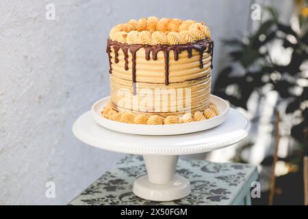 Nahaufnahme eines Schokoladen- und Keksschwammkuchen mit Buttercreme-Zuckerguss auf einem Cakestand Stockfoto