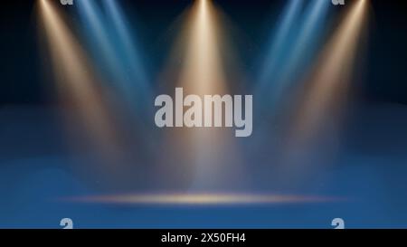 Goldener, blauer Hintergrund. Beleuchteter Tisch, blauer Nebel, Rauch. Hintergrund für die Anzeige von Produkten. Helle Strahlen aus Scheinwerfern, Dunst, Partikeln Stock Vektor