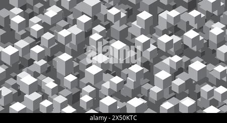 Abstraktes nahtloses kubisches, geometrisches Schwarzweißmuster im Retro-Stil. Vintage-Vektor bg mit fliegenden 3D-Würfeln. Futuristische optische Illusion Stock Vektor