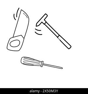 Arbeitswerkzeuge. Verschiedene Instrumente. Bau-, Gebäude-, Reparaturkonzept. Schraubendreher, Säge, Schere, Schraubenschlüssel. Handgezeichneter Vektorsatz. Alle Elemente Stock Vektor