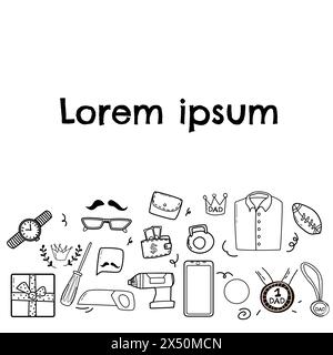 Alles Gute zum Vatertag Elemente Doodle Design, Feier Accessoires Nachricht Dekoration Party Grußkarte, Banner, Poster Stock Vektor