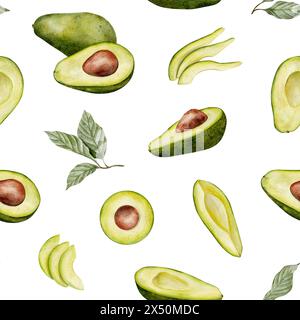 Nahtloses Avocado-Muster in Aquarellfarben. Grüne Gemüseillustration. Handgezeichneter botanischer Pflanzenzeichnungshintergrund für Verpackung, Textil, Stoff und Lebensmittel Stockfoto