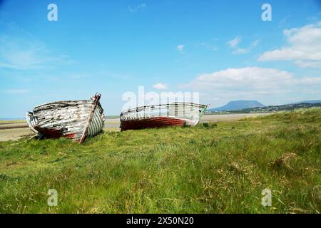 Zwei verfallene Holzfischboote mit Muckish Mountain im Hintergrund Stockfoto