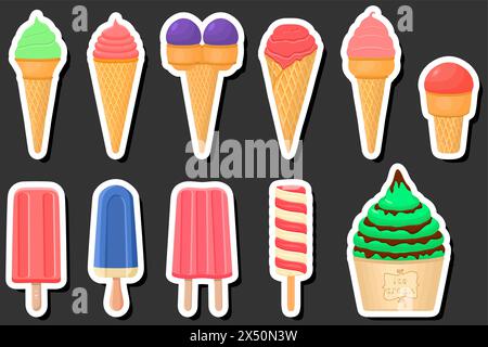 Illustration zum Thema Big Kit Eis Eis Eis Eis Eis verschiedene Arten in Kegel Waffelbecher, Eis bestehend aus leckeren Eis auf Kegel Waffelbecher, Popsic Stock Vektor