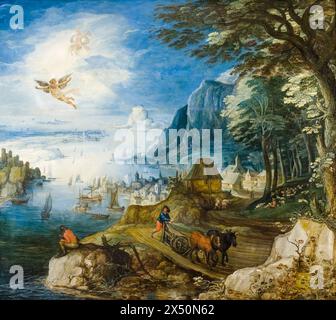 Joos de Momper der Jüngere, Landschaft mit dem Fall des Ikarus, Ölgemälde auf Tafel, vor 1635 Stockfoto