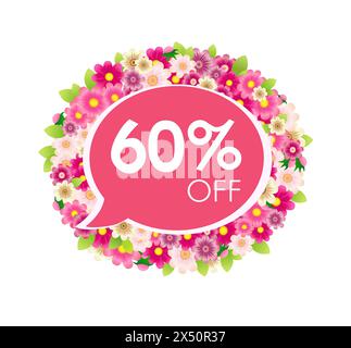 Rundes Werbeetikett bis zu 60 % Rabatt. Verkaufsbanner mit rosa Blumen und sprechendem Wolkenrahmen. Bestellen Sie telefonisch, Online-Verkauf Internet Stock Vektor