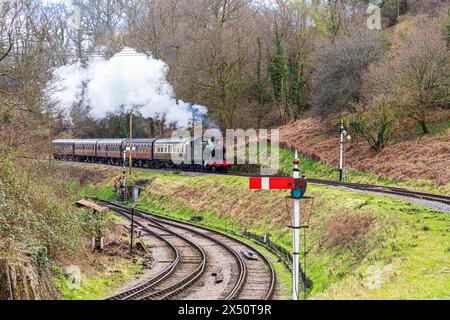 Kleiner Praire-Tank-Motor der Klasse 4575 Nr. 5541 (Baujahr 1928), der einen Touristenzug auf der Dean Forest Railway in Richtung Norchard Station in Lydney (Glo) zieht Stockfoto