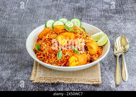 Indisches Gewürz-Ei-Reis-Gericht serviert mit Joghurt, Gurke und Koriander garniert mit frischen Minzblättern, Egg Biryani close Stockfoto