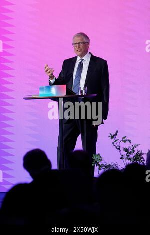 Elsinore, Dänemark. Mai 2024. Bill Gates, Co-Vorsitzender der Bill & Melinda Gates Foundation spricht auf dem Novo Nordisk Foundation Global Science Summit am Montag, den 6. Mai 2024 in Helsingoer, Dänemark. Novo Nordisk Foundation, Bill & Melinda Gates Foundation und The Wellcome Trust investieren jeweils rund 700 Millionen Kronen in ein dreijähriges Projekt zur Förderung des globalen Gesundheitskredits: Ritzau/Alamy Live News Stockfoto