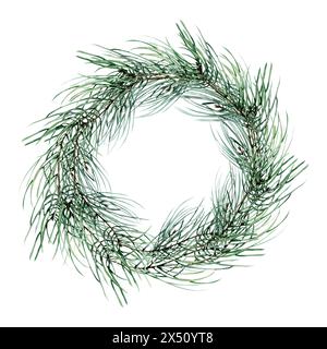 Traditioneller Weihnachtsgeblümter Kranz mit immergrünen Kiefernzweigen für Neujahrsgrußkarte, Verpackung, Dekorationsdesign. Handgezeichneter botanischer Rahmen Stockfoto