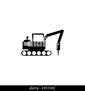 Bagger mit Hammer, Bohrmaschine Flachvektor-Symbol. Einfaches, ausgefülltes Symbol auf weißem Hintergrund. Bagger mit Hammer, Schild für Bohrmaschine des Stock Vektor