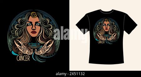 Grafisches T-Shirt mit Sternzeichen für Krebs. Stock Vektor