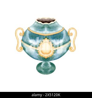 Antike Vase. Inneneinrichtung. Museumssammlung. Handgezeichnete Aquarellillustration isoliert auf weißem Hintergrund. Große Marmorschale Stockfoto