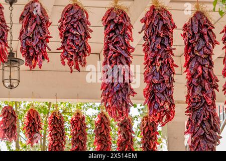 Nahaufnahme von getrockneten Chili-Paprika, genannt Ristras, die an der Holzdecke in Albuquerque New Mexico hängen. Stockfoto