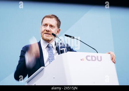 Michael Kretschmer, Ministerpraesident von Sachsen, aufgenommen im Rahmen des Parteitages der CDU Deutschlands 2024 in Berlin, 06.05.2024. Berlin Deutschland *** Michael Kretschmer, Ministerpräsident von Sachsen, fotografiert auf der CDU-Parteitagung 2024 in Berlin, 06 05 2024 Berlin Deutschland Copyright: xphotothek.dex Stockfoto