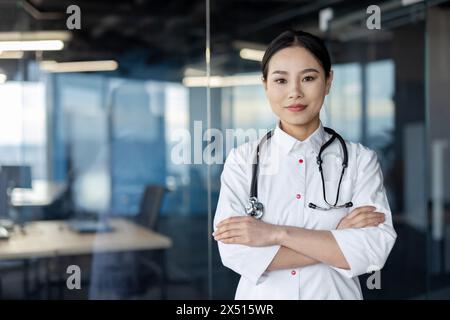 Eine ernsthafte asiatische Ärztin mit gekreuzten Armen, die selbstbewusst in einer modernen Krankenhausumgebung steht und Professionalität und Bereitschaft unter Beweis stellt. Stockfoto