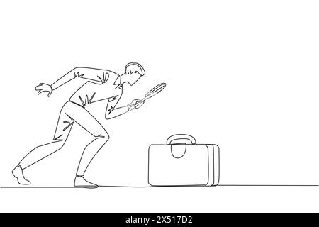 Eine durchgehende einzeilige Zeichnung eines Geschäftsmannes mit Lupe hebt die Aktentasche hervor. Er hat sofort seine Aktentasche aufgeräumt, um ein Geschäft zu machen Stock Vektor