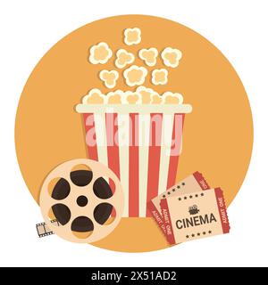 Vorlage für Filmposter. Retro Cinema Emblem mit Filmrolle, Popcorn-Eimer und Kinokarten. Vektorabbildung in abgewickelter Form Stock Vektor