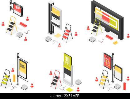 Isometrische Straßenplakate. Werbetafeln im Freien und Displays mit Infoplakaten. Leitern, Rollen und Papiere, urbanes Marketing makellos Stock Vektor